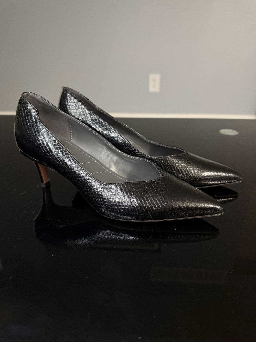 Franco Sarto Black Textured Pointed-Toe Kitten Heels